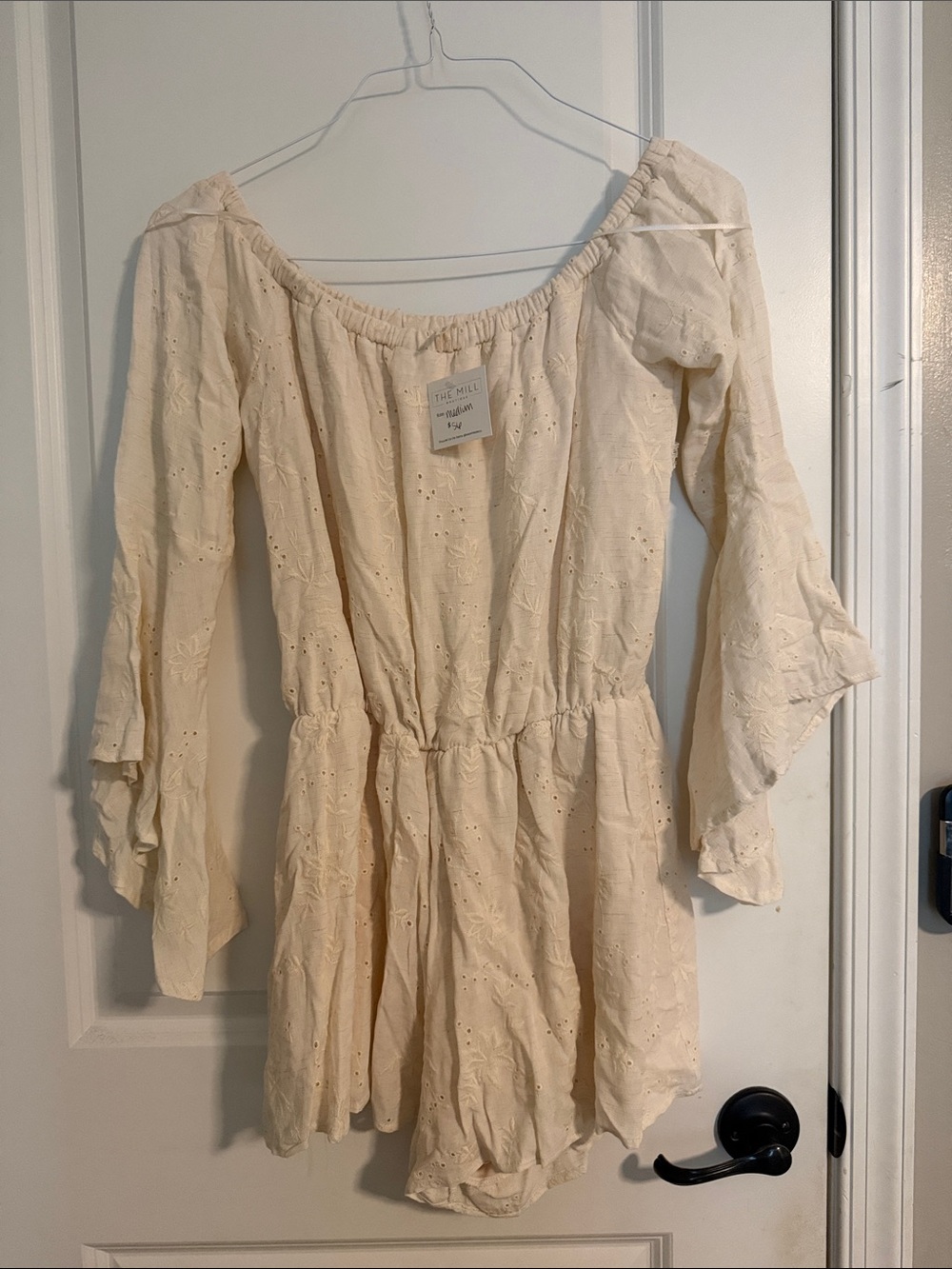 Sage Cream Eyelet Off-Shoulder Romper with Bell Sleeves
